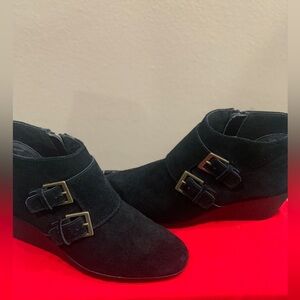 Munro Drew Black Suede Ankle Boots with Gold Buckles
